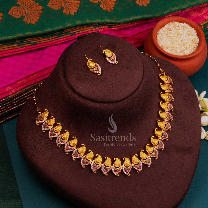 Vibrant temple jewellery with multicolour AD crystals, golden matte lustre and traditional heritage opulence — perfect for auspicious occasions by Sasitrends