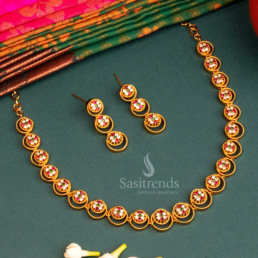 Festive Multi Colour Temple Matte Gold Floral Jewellery Set With AD Stones And Heritage Earrings – A Spectrum Of Radiance For Cultural Celebrations In Timeless Temple Style – Sasitrends