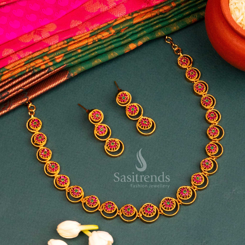 Antique Ruby Green Floral Matte Gold Temple Jewellery Set With AD Stones And Ethnic Festive Vibe – Celebrating South Indian Craft With Dual-Colour Grandeur – Sasitrends