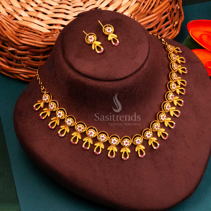 Temple flower jewellery set in ruby-white stones, matte golden purity, and folk-inspired glamour with sacred South Indian charm by Sasitrends