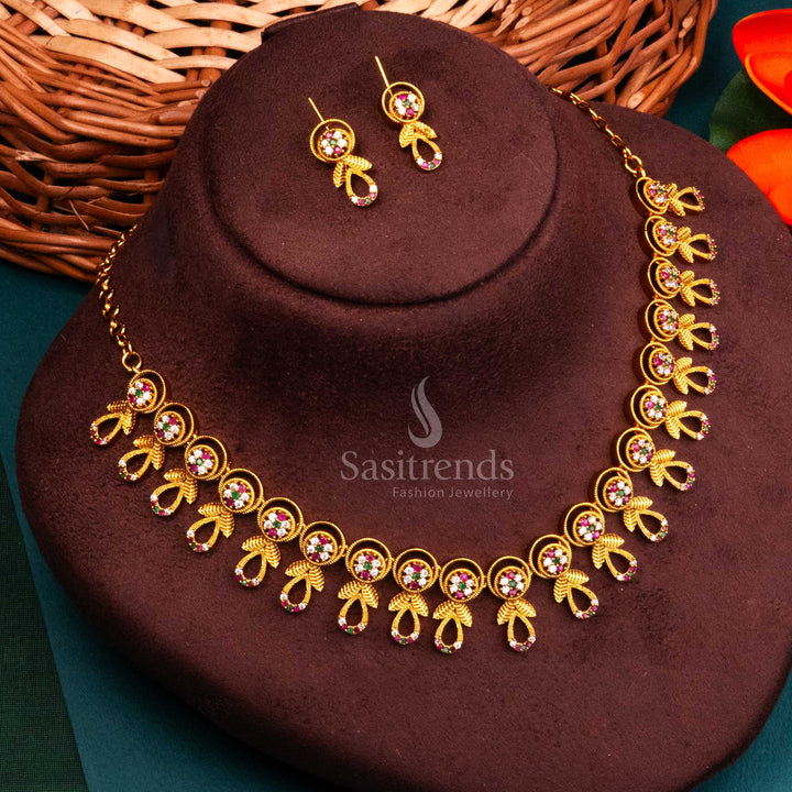 Ethnic multicolour floral temple jewellery set adorned with AD stones and ceremonial petal charm, a glorious embodiment of festive elegance by Sasitrends