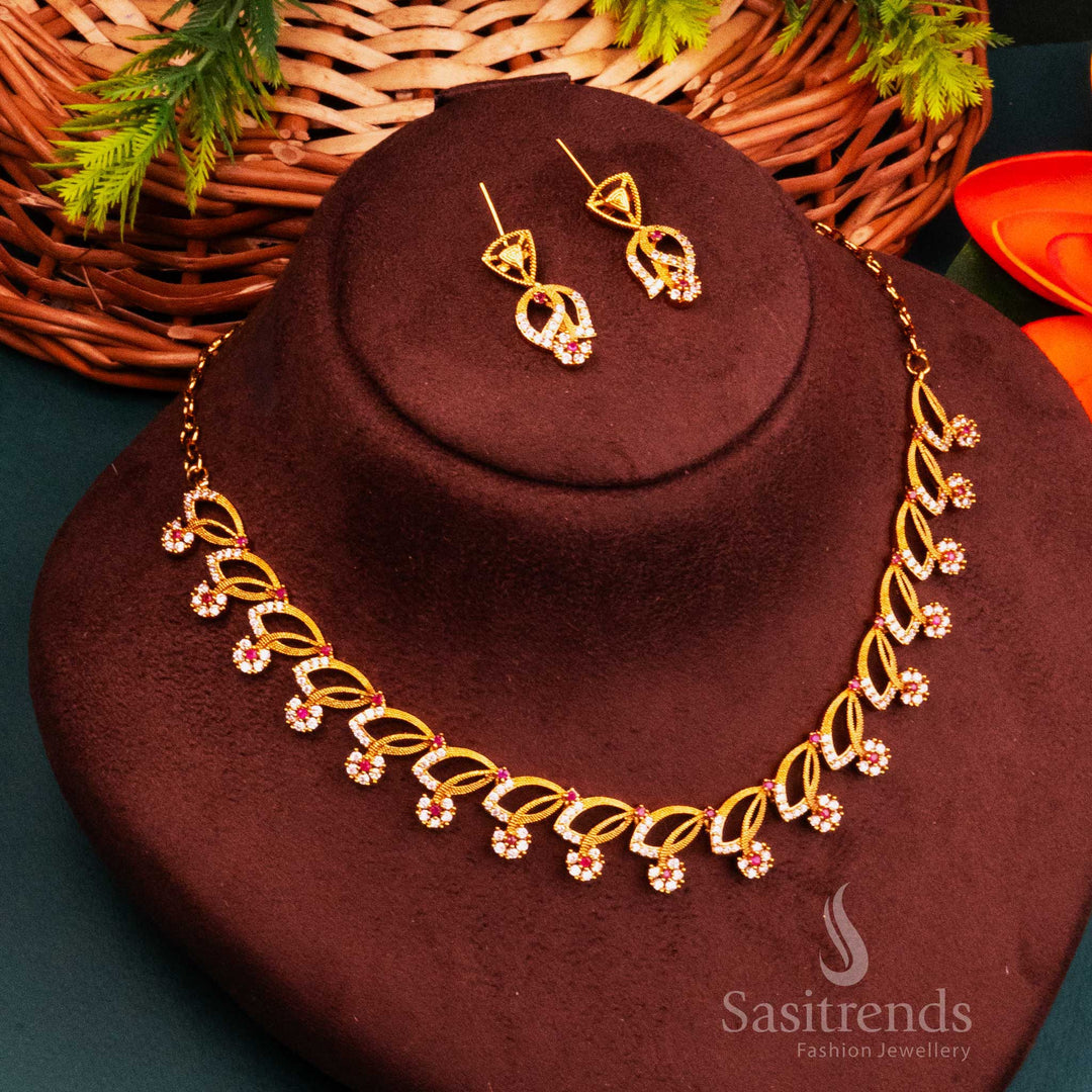 Temple Style Ruby White Leaf Jewellery Set With Matte Gold Finish And AD Stone Details – Traditional Beauty Enhanced By Dual Colour Grace And Artistic Gold Accents – Sasitrends