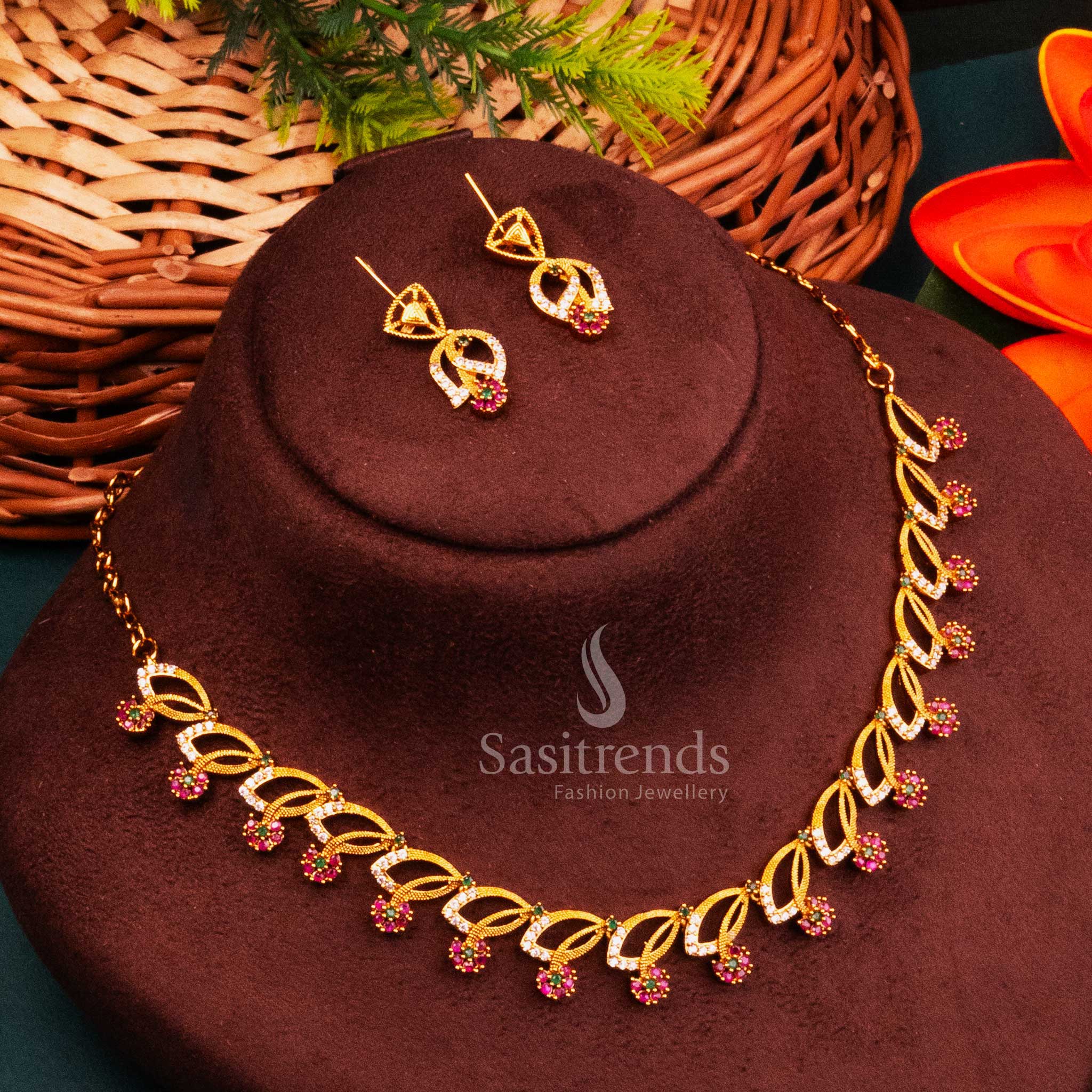 Colourful Multi Stone Leaf Jewellery Set With Temple Matte Gold Plating And AD Accents – A Divine Blend Of Multi-Toned Stones And Traditional Craftsmanship – Sasitrends