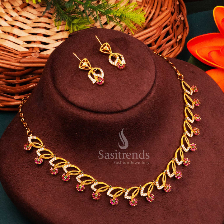 Colourful Multi Stone Leaf Jewellery Set With Temple Matte Gold Plating And AD Accents – A Divine Blend Of Multi-Toned Stones And Traditional Craftsmanship – Sasitrends