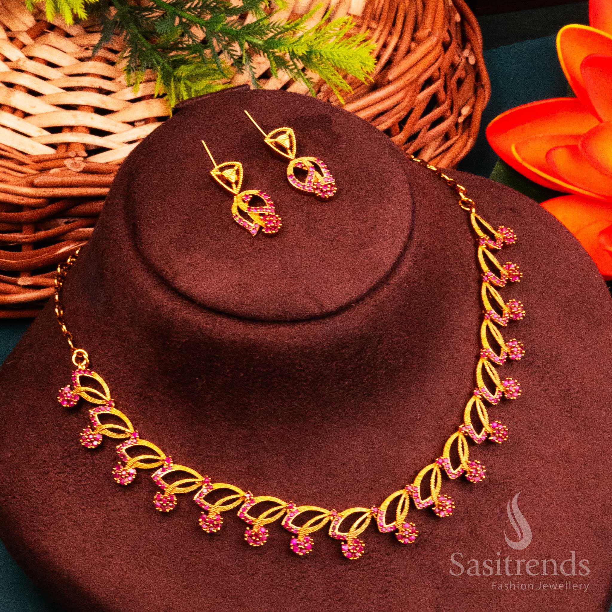 Royal Ruby Leaf Motif Temple Jewellery Set With Matte Gold Finish And Sparkling AD Stones – A South Indian Style Statement With Sacred Detailing And Regal Ruby Tones – Sasitrends