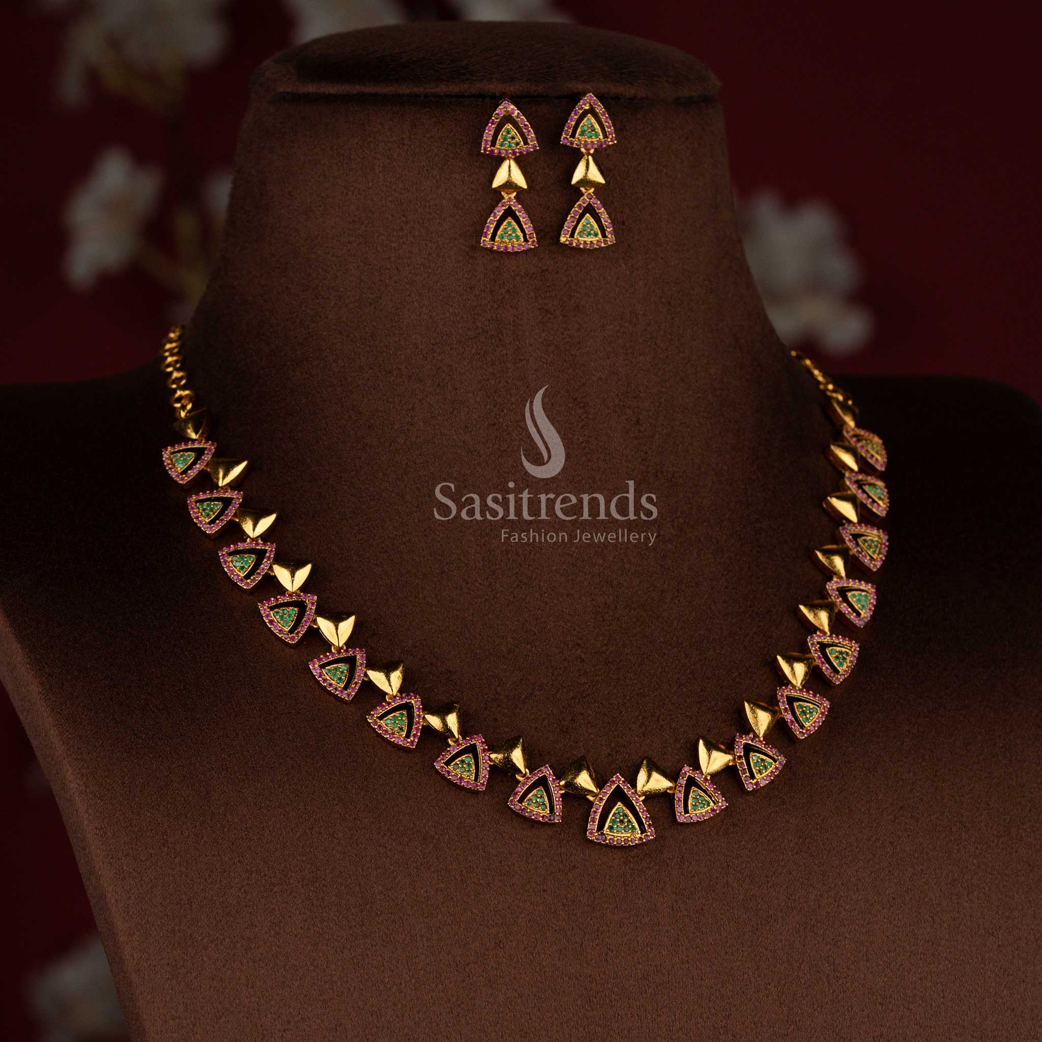 Grand temple matte gold polished ruby-green AD necklace set jewellery crafted for weddings and festive celebrations – Sasitrends