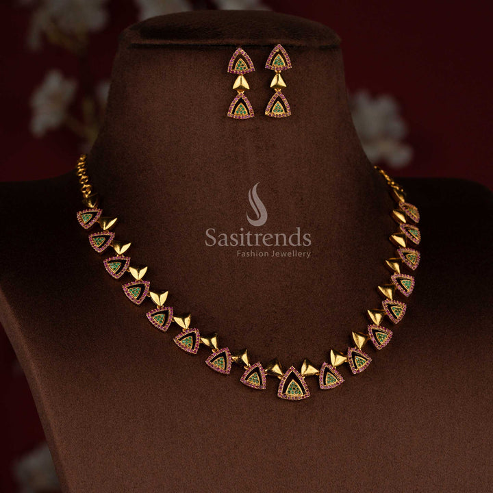 Grand temple matte gold polished ruby-green AD necklace set jewellery crafted for weddings and festive celebrations – Sasitrends