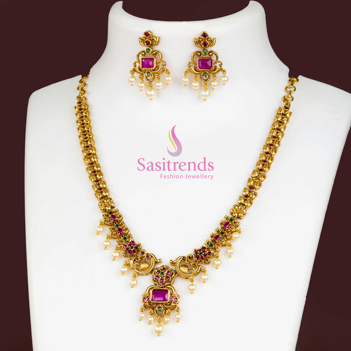 Temple Matte Gold Plated Pearl Jewellery Set with AD Stones and Pearl Drops | Sasitrends