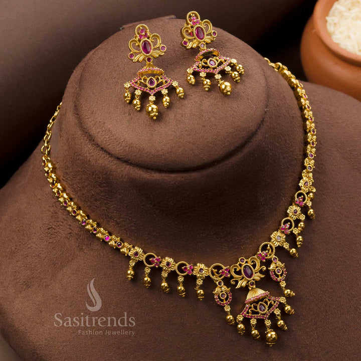 Traditional Matte Gold Plated Temple Floral Pearl Jewellery Set with AD Stones Pendant
