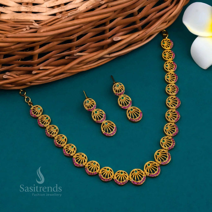 Gorgeous Floral Motif Temple Matte Gold Plated Jewellery Set with AD Stones for Women | Sasitrends