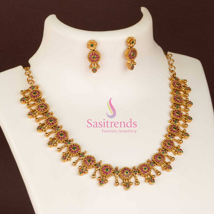 Majestic ruby-green temple matte gold plated necklace jewellery set with intricate AD stone accents, designed for girls seeking a grand traditional and festive look - Sasitrends
