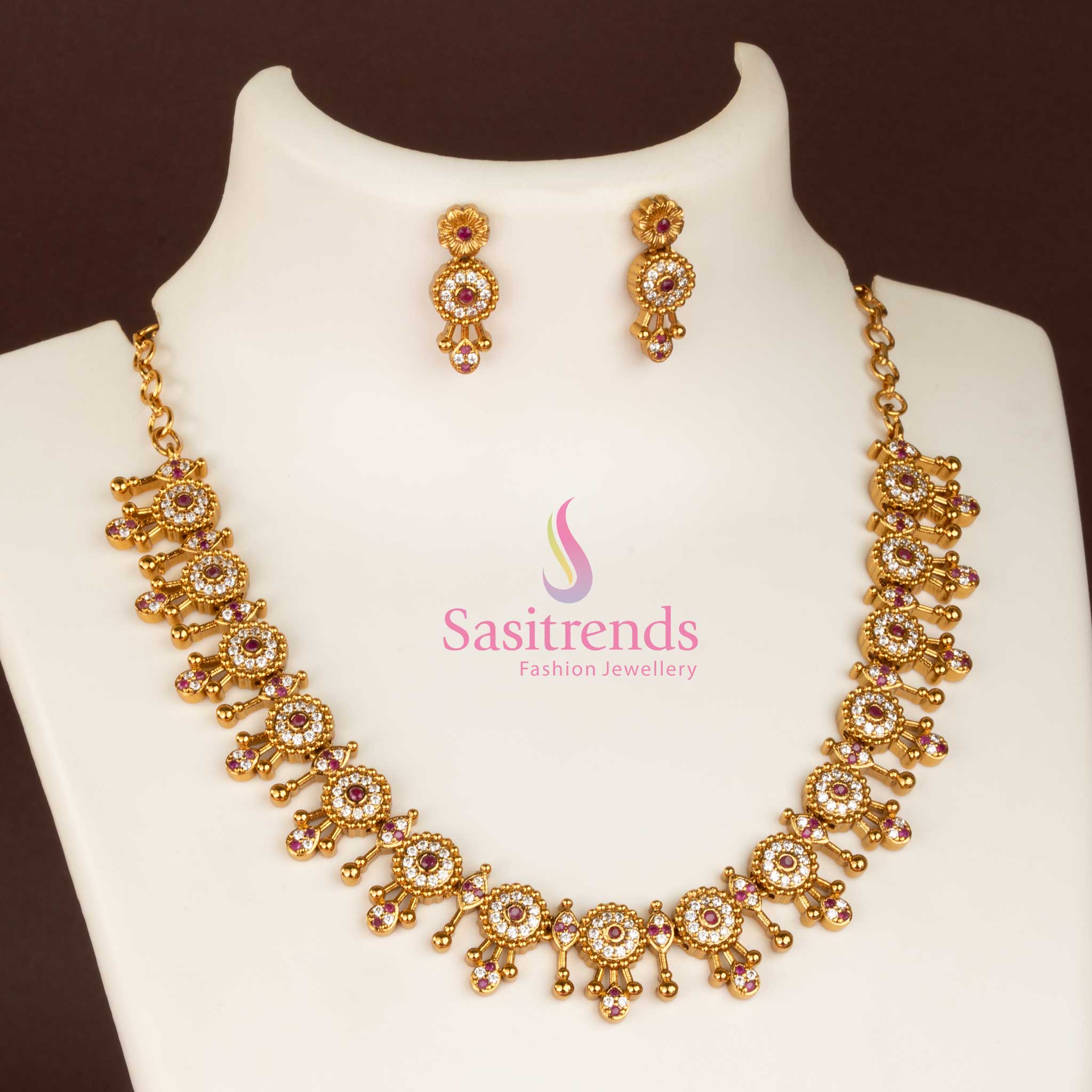 Radiant white-ruby temple matte gold plated necklace jewellery set shimmering with AD stones, a perfect accessory for girls to enhance their wedding style - Sasitrends