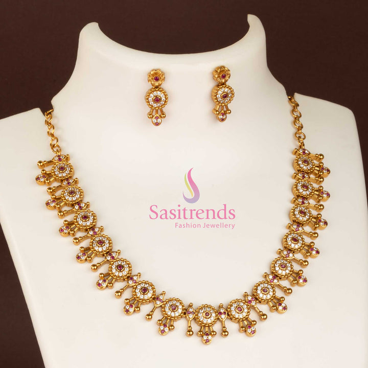 Radiant white-ruby temple matte gold plated necklace jewellery set shimmering with AD stones, a perfect accessory for girls to enhance their wedding style - Sasitrends