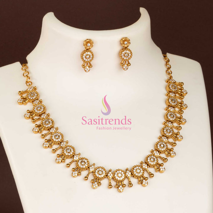 Trendy white temple matte gold plated necklace jewellery set highlighted with AD stones, crafted for girls who desire bridal charm and festive sophistication - Sasitrends