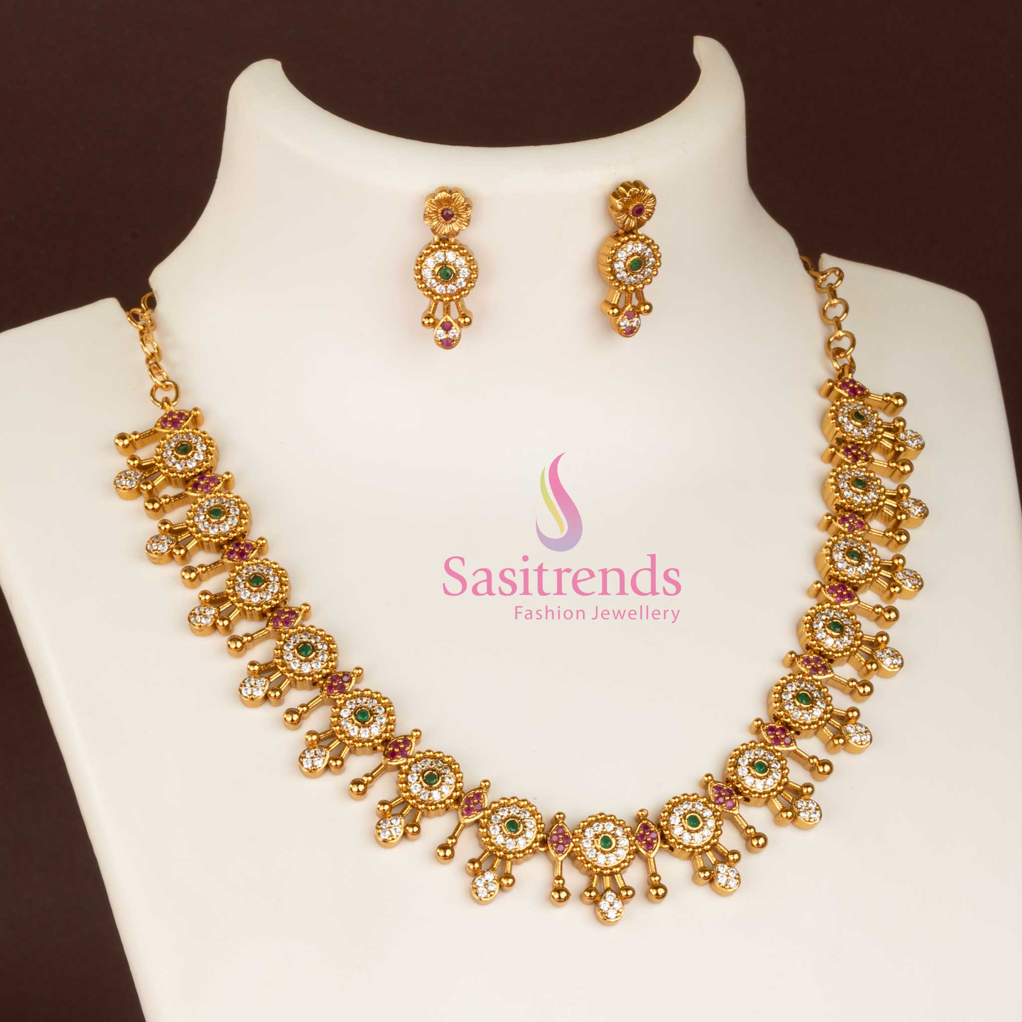 Trendy Temple Matte Gold Plated Necklace Jewellery Set with AD Stones for Girls | Sasitrends