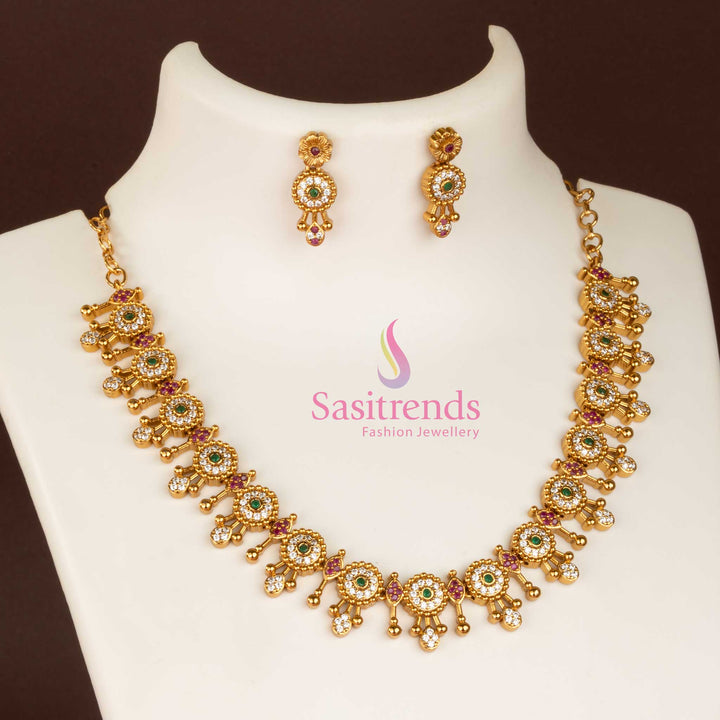 Trendy Temple Matte Gold Plated Necklace Jewellery Set with AD Stones for Girls | Sasitrends