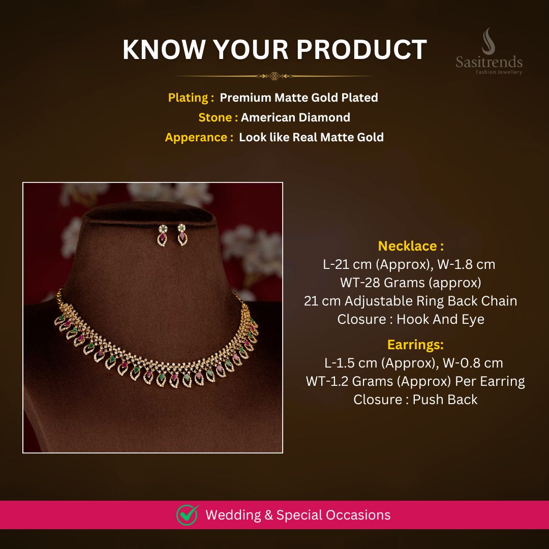 Matte Gold Plated AD necklace set measurement image - Sasitrends