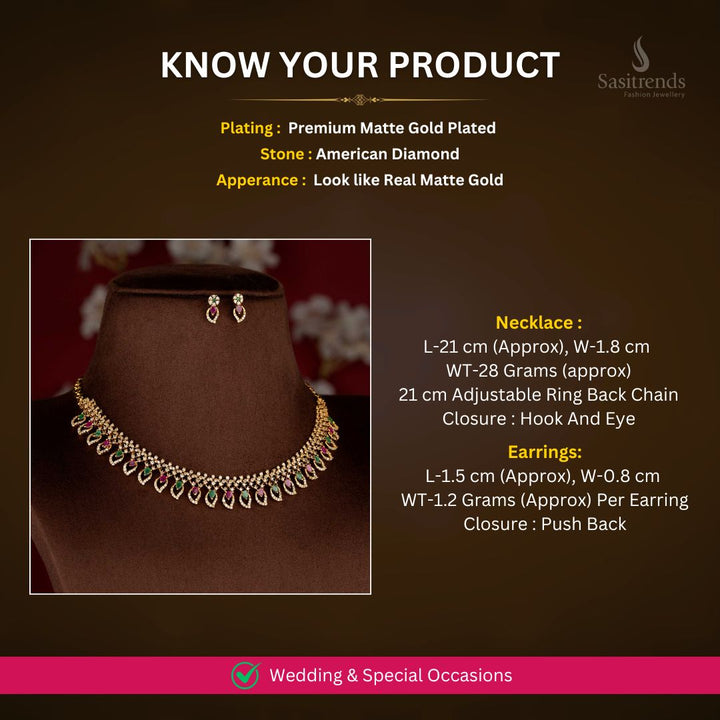 Matte Gold Plated AD necklace set measurement image - Sasitrends
