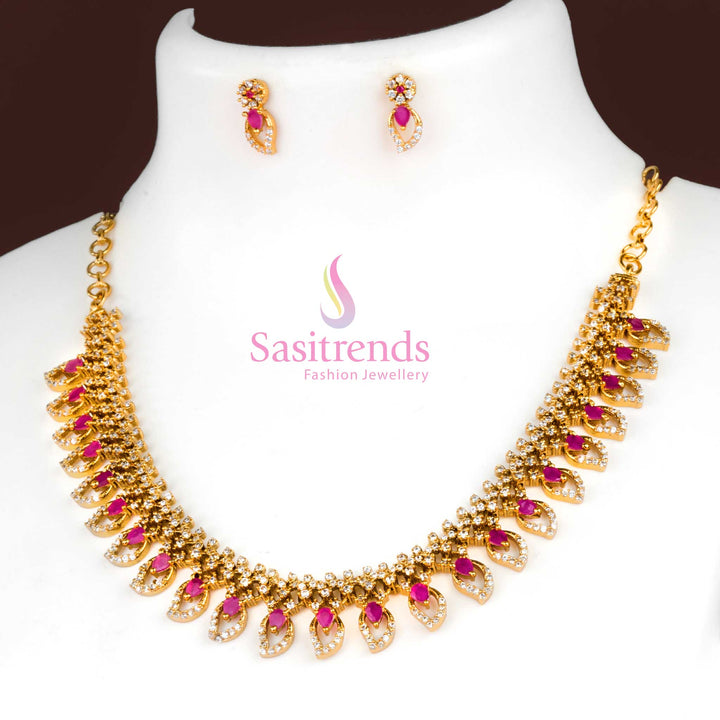Trendy Temple Matte Gold Plated Mango Leaf Jewellery Set with Floral Design and American Diamond Stones for Women