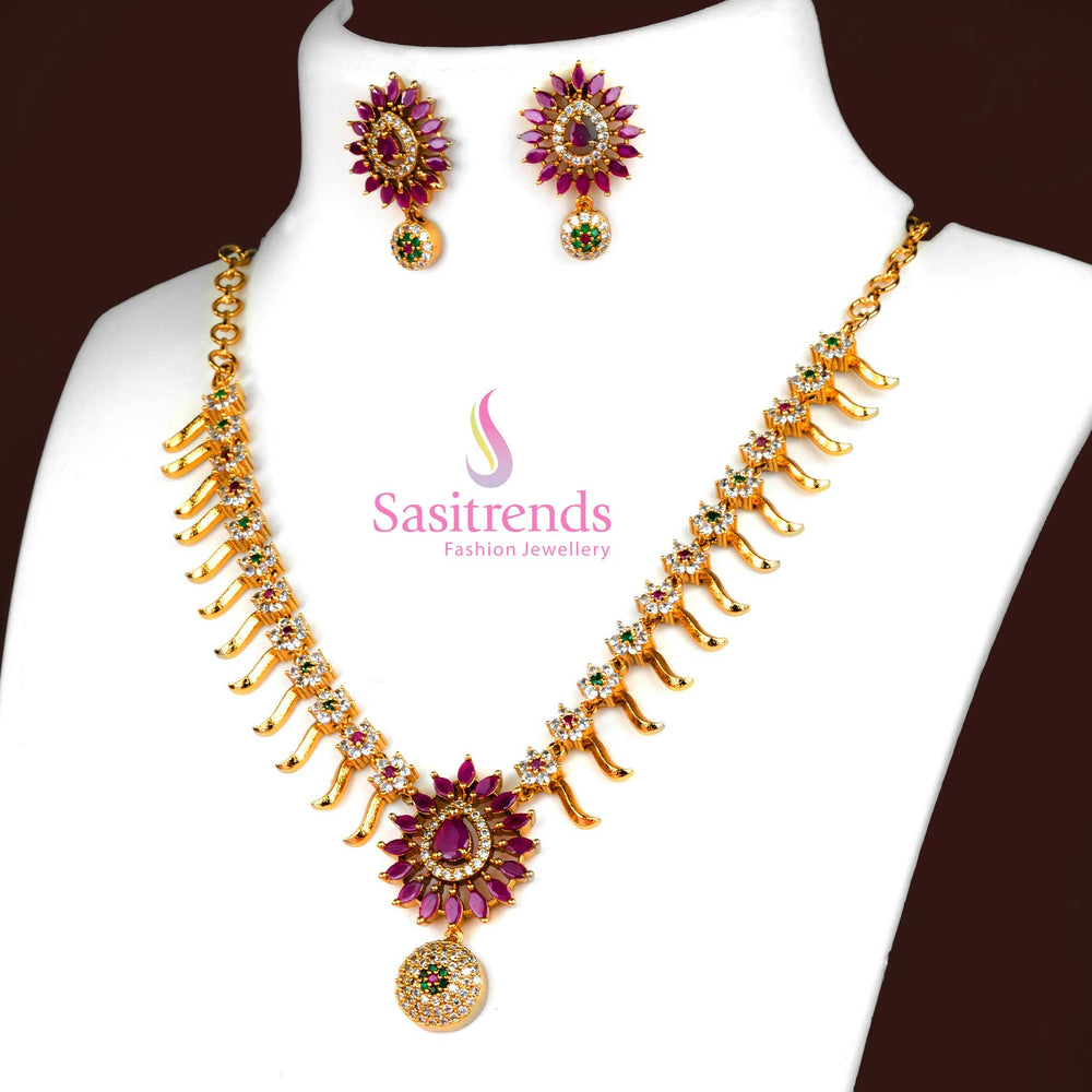 Multi Stone Matte Gold Plated Floral Jewellery Set With Colourful American Diamond Accents, Vibrant Pendant Design, And Festival Ready Earrings – Stunning Traditional Jewellery – Sasitrends