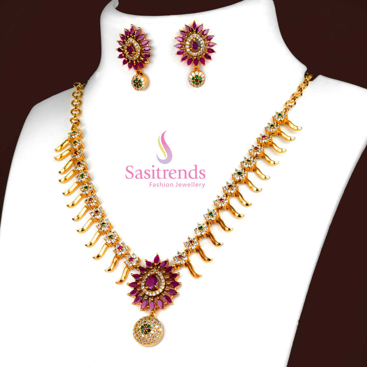 Multi Stone Matte Gold Plated Floral Jewellery Set With Colourful American Diamond Accents, Vibrant Pendant Design, And Festival Ready Earrings – Stunning Traditional Jewellery – Sasitrends