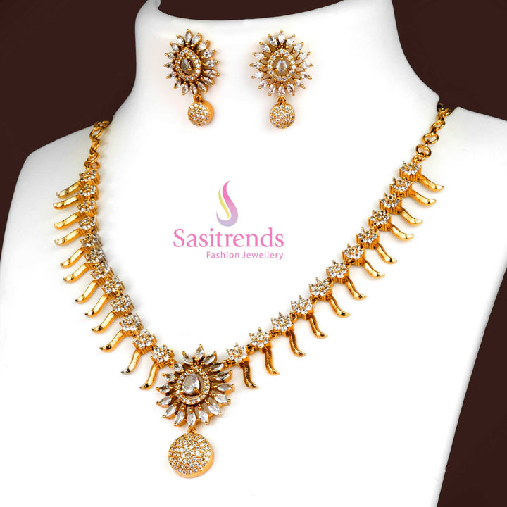 Elegant White Matte Gold Plated Floral Jewellery Set Adorned With Sparkling AD Stones, Graceful Petal Motifs, And Classy Traditional Charm – Ideal For Engagements And Temple Wear – Sasitrends
