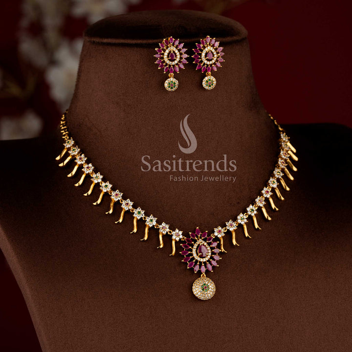 Bridal matte gold floral necklace set with white ruby AD stones and intricate design by Sasitrends