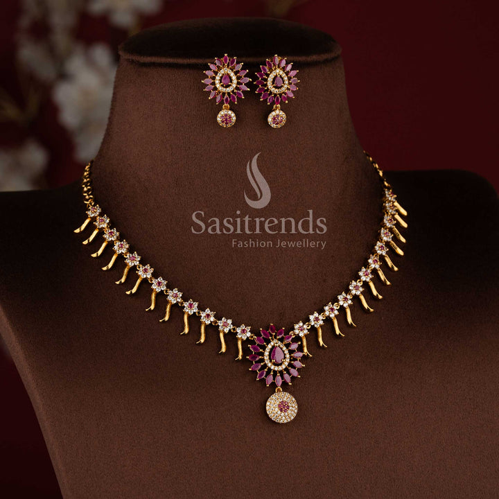 Traditional matte gold floral necklace jewellery set with white ruby American diamonds and matching earrings.