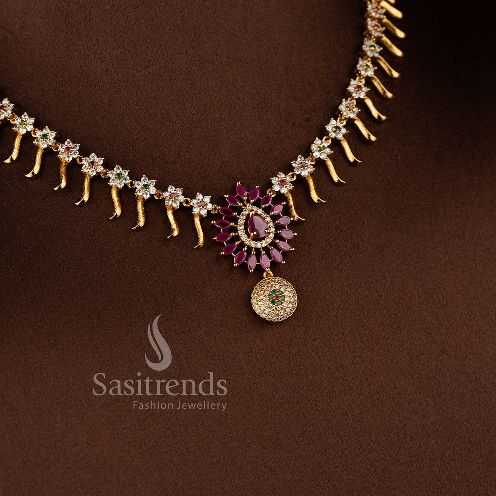 Bridal matte gold floral necklace set with multi color AD stones and intricate design by Sasitrends