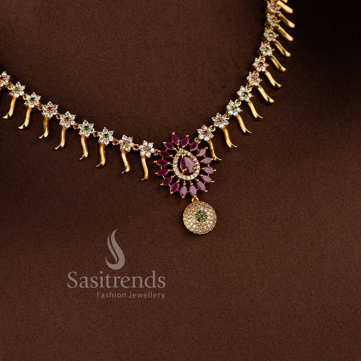 Bridal matte gold floral necklace set with multi color AD stones and intricate design by Sasitrends
