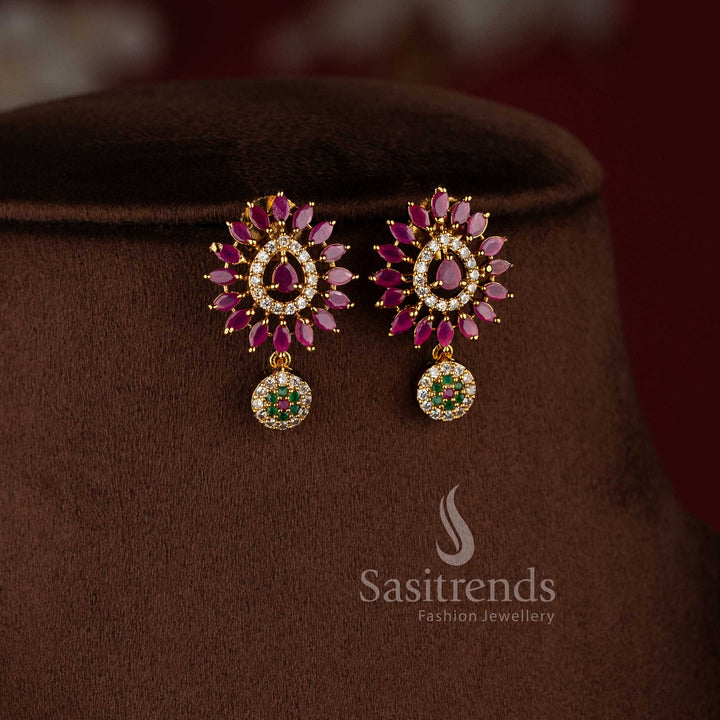 Elegant matte gold floral necklace set with multi color AD stones for festive and party wear.