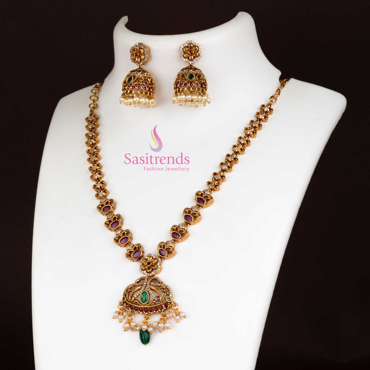 Latest Temple Matte Gold Floral Pendant Jewellery Set with Pearl Jhumkas for Women | Sasitrends