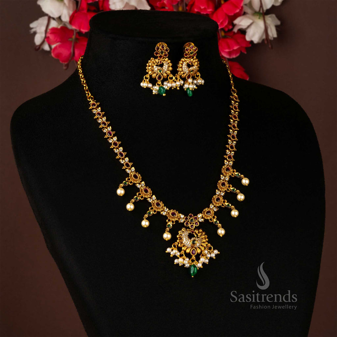 Traditional Matte Temple Peacock Flower Designer Jewellery Set - Sasitrends