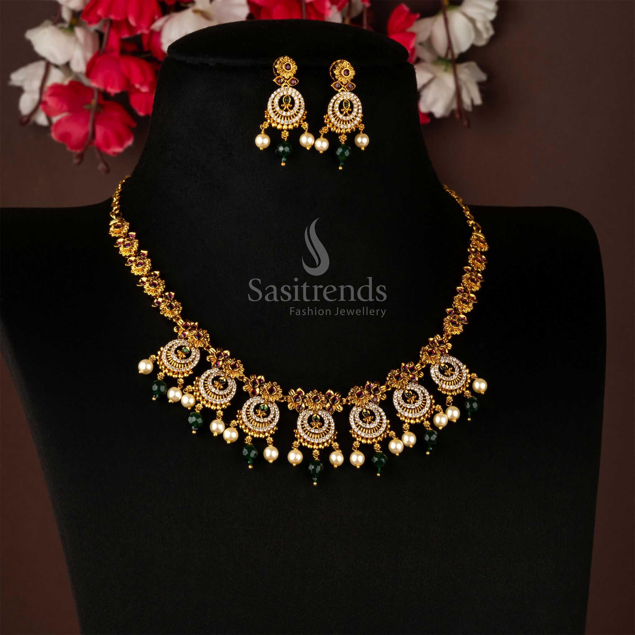 Temple splendour multicolour jewellery with pearls and AD stones in matte finish, reflecting glowing ethnic radiance and graceful heritage glamour by Sasitrends