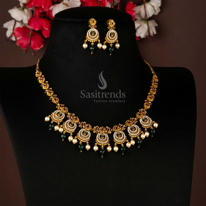 Temple splendour multicolour jewellery with pearls and AD stones in matte finish, reflecting glowing ethnic radiance and graceful heritage glamour by Sasitrends