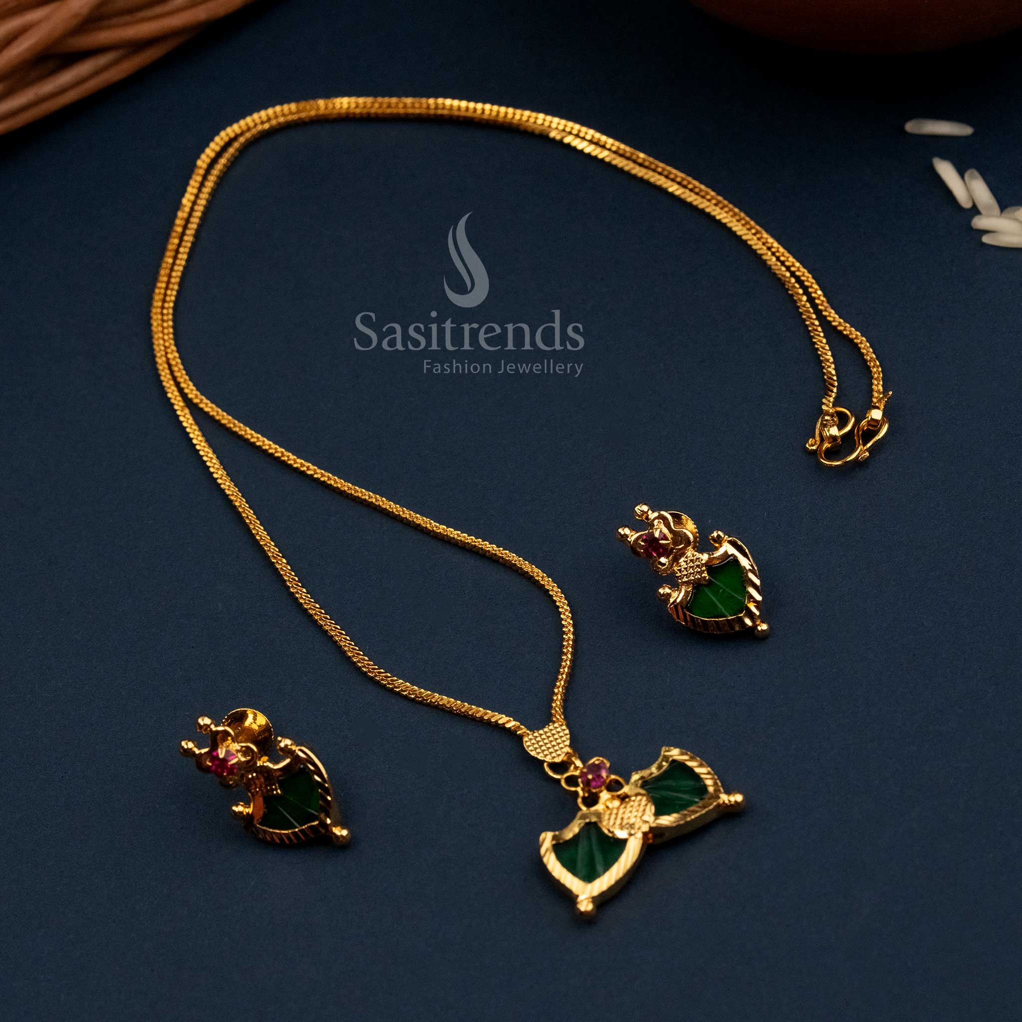 Graceful Kerala Palakka necklace with earrings micro gold finish with striking green enamel accents, crafted for cultural celebrations and traditional elegance – perfect festive piece by Sasitrends