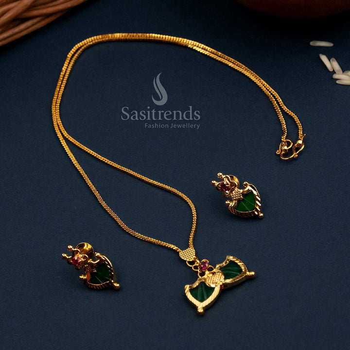 Graceful Kerala Palakka necklace with earrings micro gold finish with striking green enamel accents, crafted for cultural celebrations and traditional elegance – perfect festive piece by Sasitrends