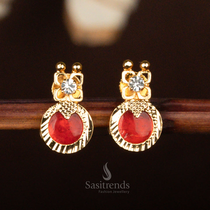 One gram micro gold plated Palakka Round earrings, adorned with gold detailing and AD stones, guaranteed real gold look – Sasitrends