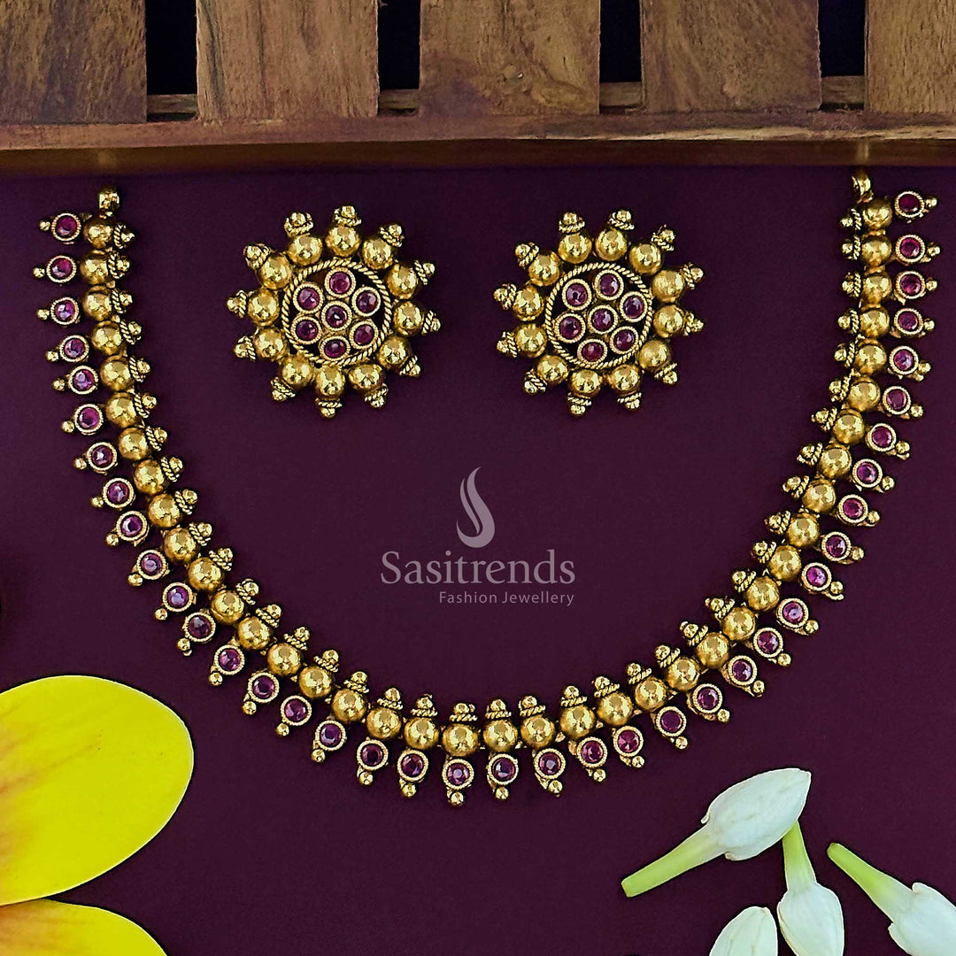 Temple Matte Gold Plated Bridal Necklace Jewellery Set with AD Stones Sasitrends