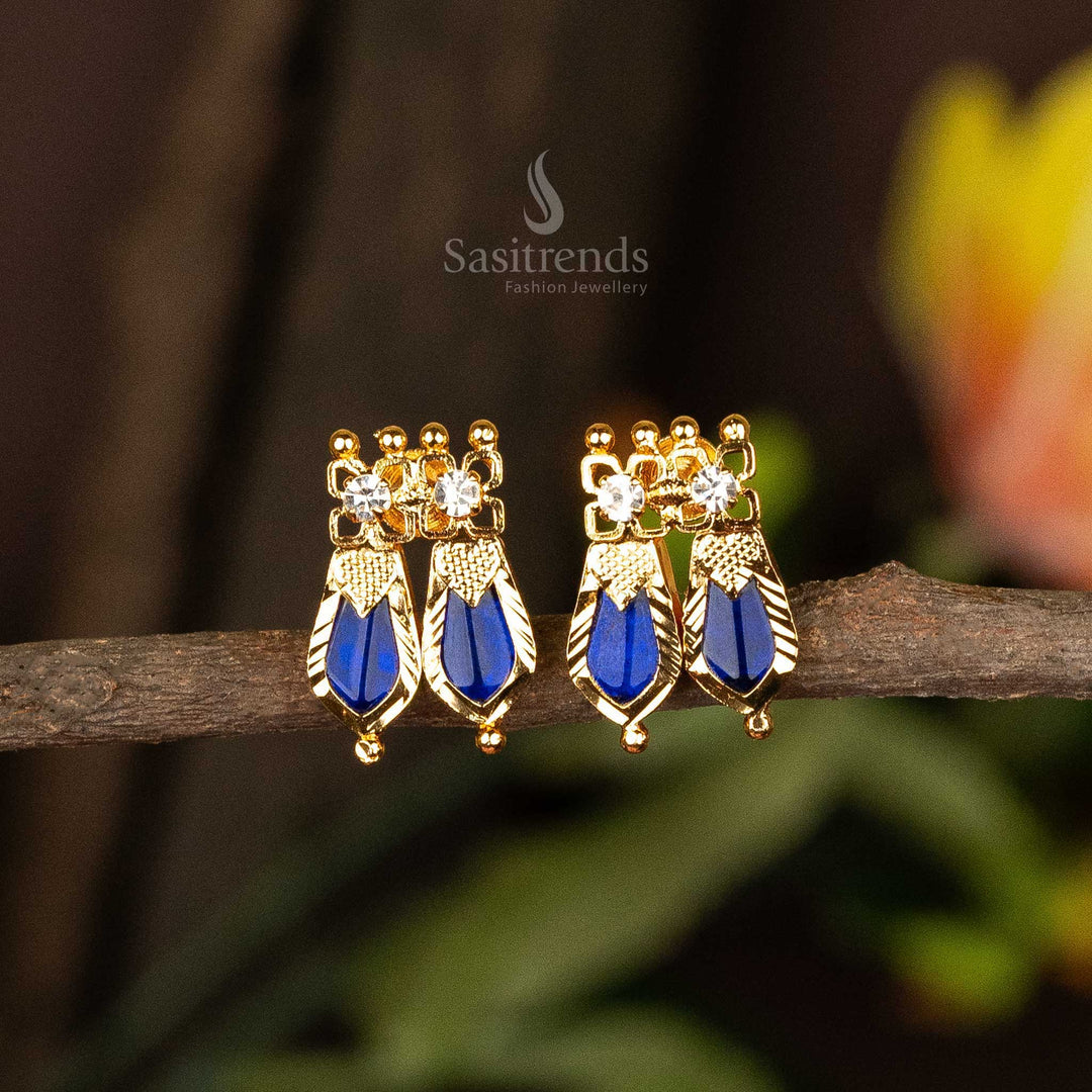 A captivating pair of Kerala heritage-style earrings in striking blue, featuring micro gold-plated double Palakka Nagapadam design with intricate craftsmanship - Sasitrends