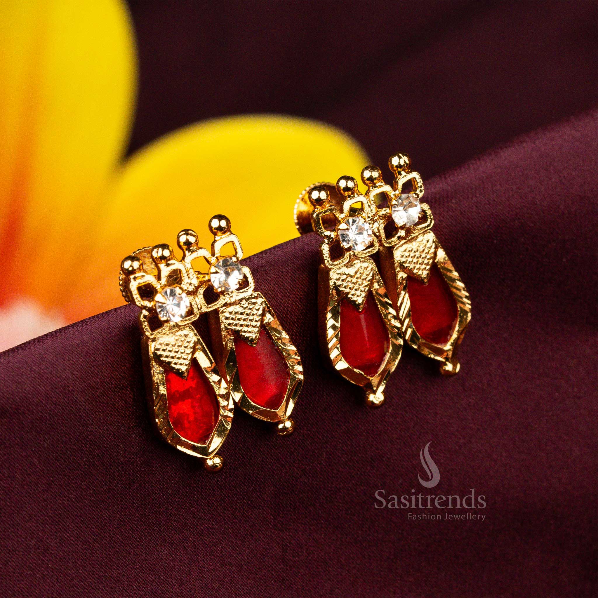 Kerala heritage-inspired earrings in radiant red, adorned with a micro gold-plated double Palakka Nagapadam design, perfect for traditional attire - Sasitrends