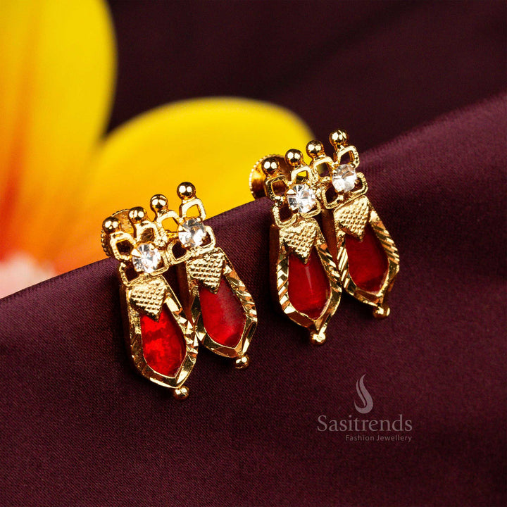 Kerala heritage-inspired earrings in radiant red, adorned with a micro gold-plated double Palakka Nagapadam design, perfect for traditional attire - Sasitrends
