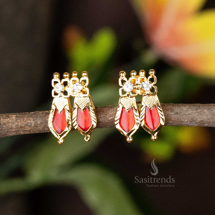 Exquisite red Kerala-style earrings featuring a double Palakka Nagapadam pattern with an alluring micro gold-plated touch - Sasitrends