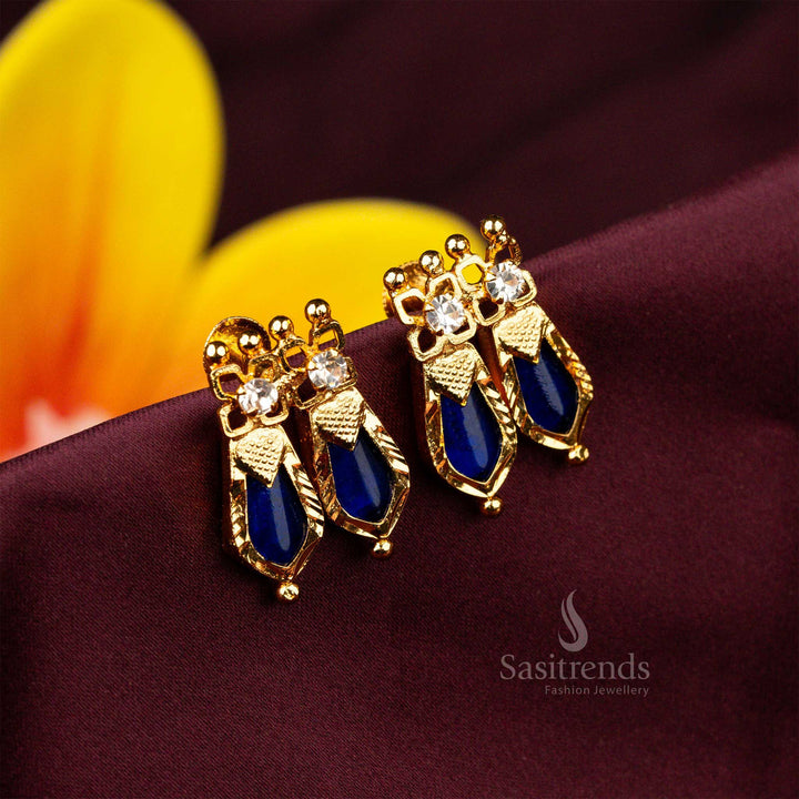 Elegant blue-toned Kerala heritage earrings showcasing double Palakka Nagapadam details with a dazzling micro gold-plated finish - Sasitrends