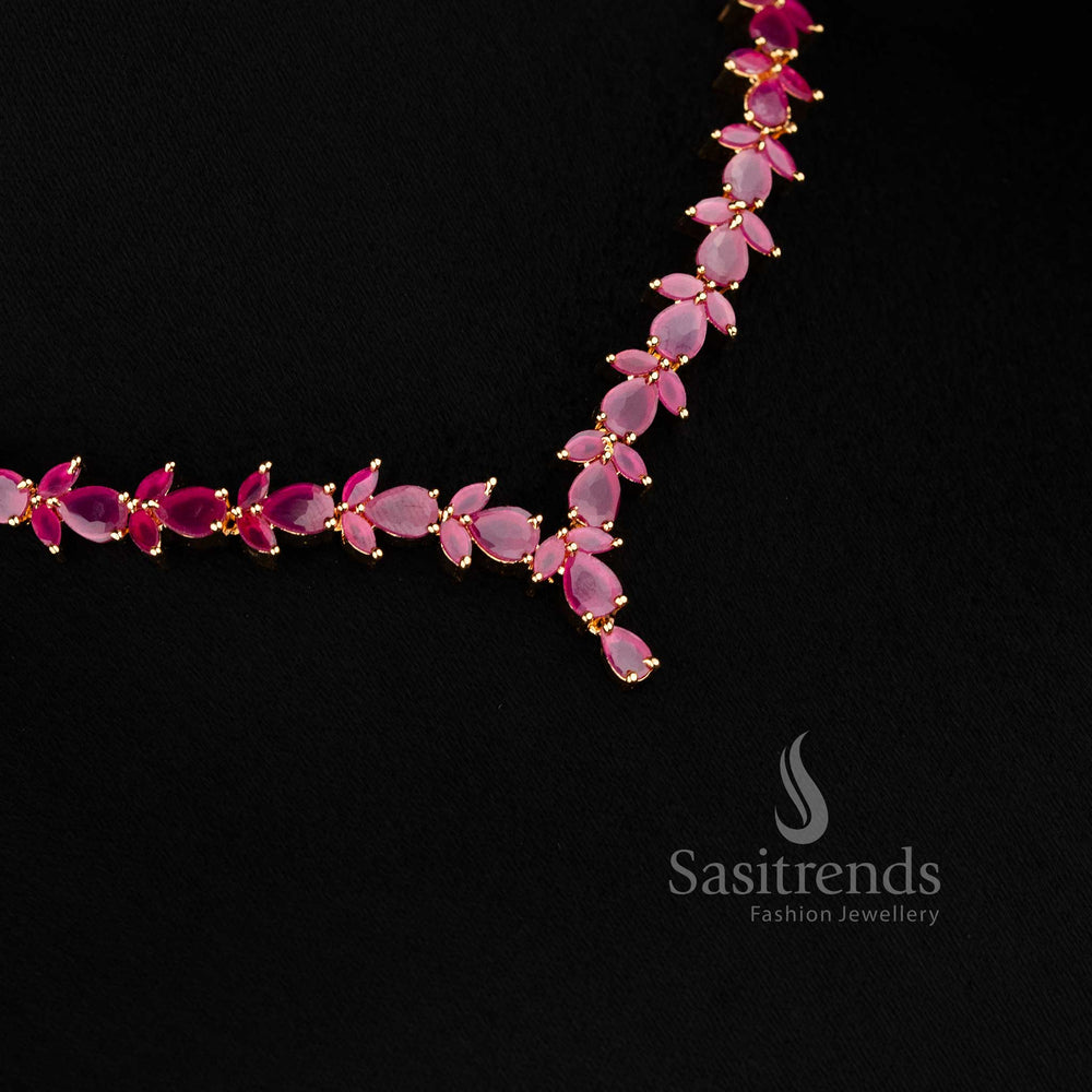 Trendy Micro Gold Plated Leaf & Tear Drop AD Stones Necklace Set - Sasitrends 