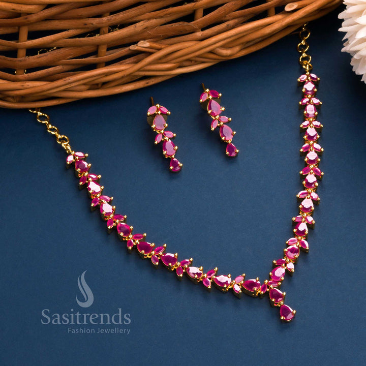 Trendy Micro Gold Plated Leaf & Tear Drop AD Stones Necklace Set - Sasitrends