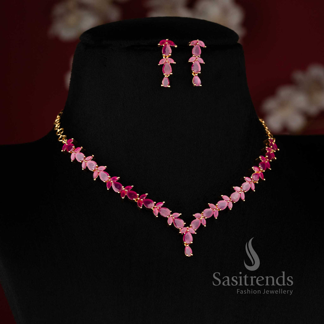 Trendy Micro Gold Plated Leaf & Tear Drop AD Stones Necklace Set - Sasitrends