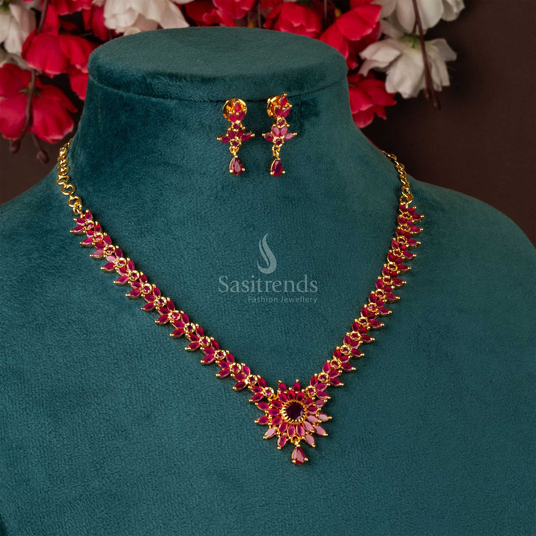 Opulent Gold-Plated Flower Pattern Pendant Jewellery Set with AD Stones - Sasitrends