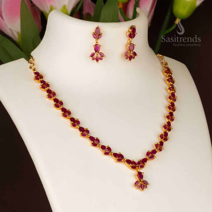 Luxurious ruby teardrop American Diamond Micro Gold Plated Jewellery set with matching earrings - Sasitrends