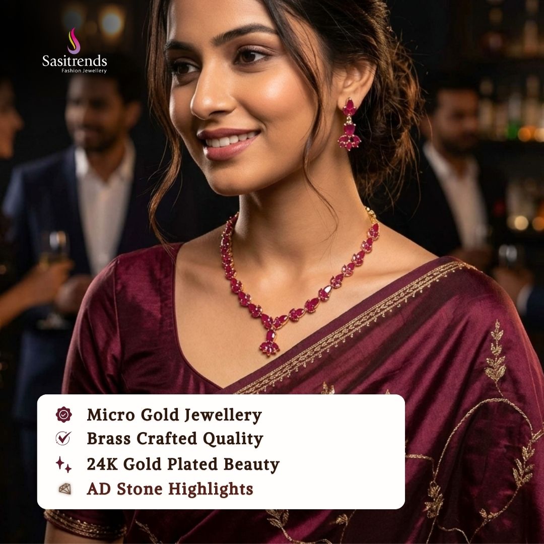 Beautiful collection of micro gold plated necklace sets styled by a model, featuring an elegant traditional jewellery look suitable for weddings, festive occasions, parties, and special events.